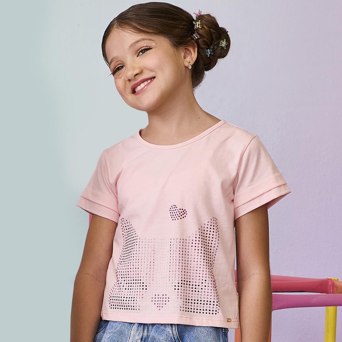 Camiseta Infantil Pampili com Gatinho em Strass Rosa
