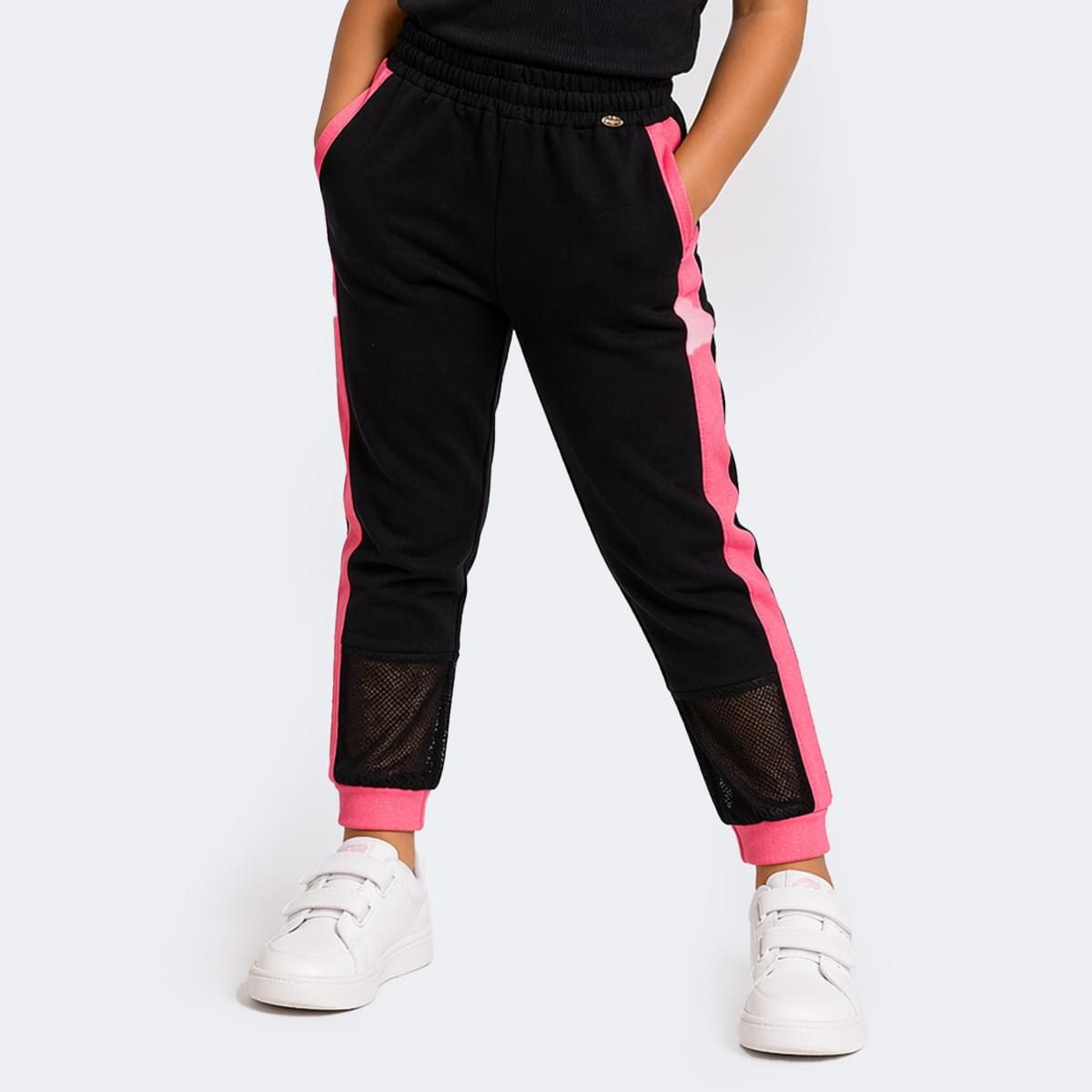 Calça Jogger Pampili Moletom e Tela Preta e Rosa