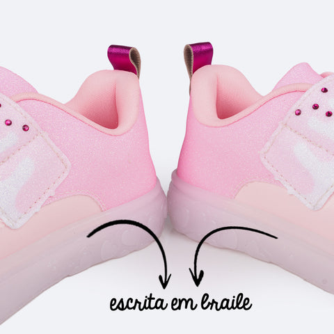 Tênis de Led Infantil Pampili Sneaker Luz Glitter e Strass Rosa Giz