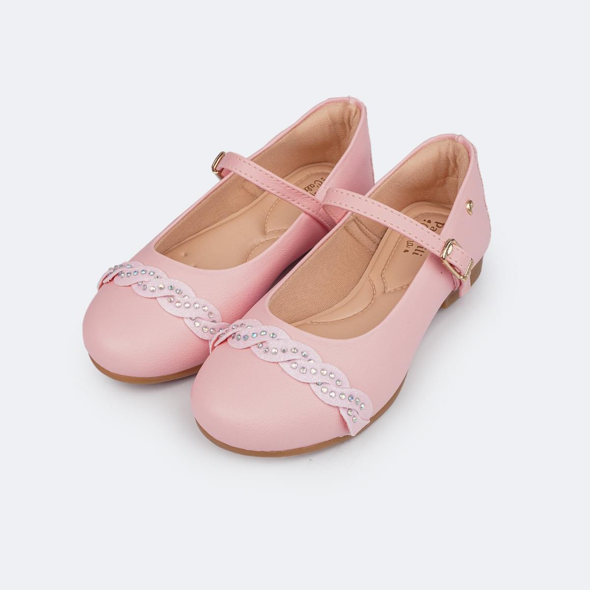 Sapato Infantil Feminino Pampili Angel Tira Glitter e Strass Rosa Glace  - sapatilha boneca infantil