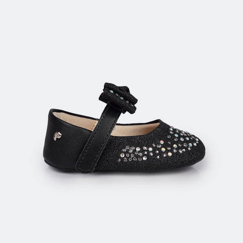 Sapato de Bebê Pampili Nina Laço Glitter Strass Preto - lateral do sapato preto com glitter