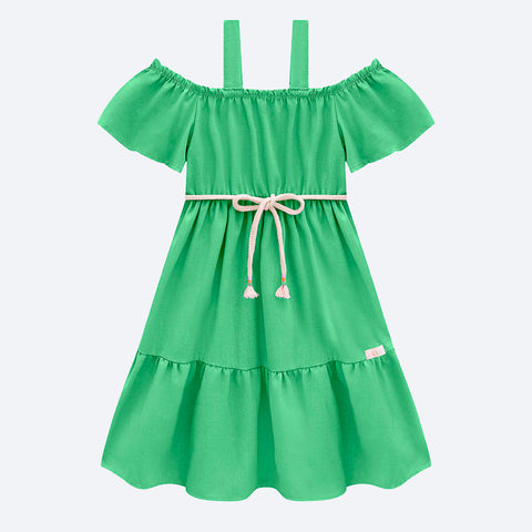 Vestido Infantil Kukiê Ombro a Ombro Verde - vestido com cinto de cordinha