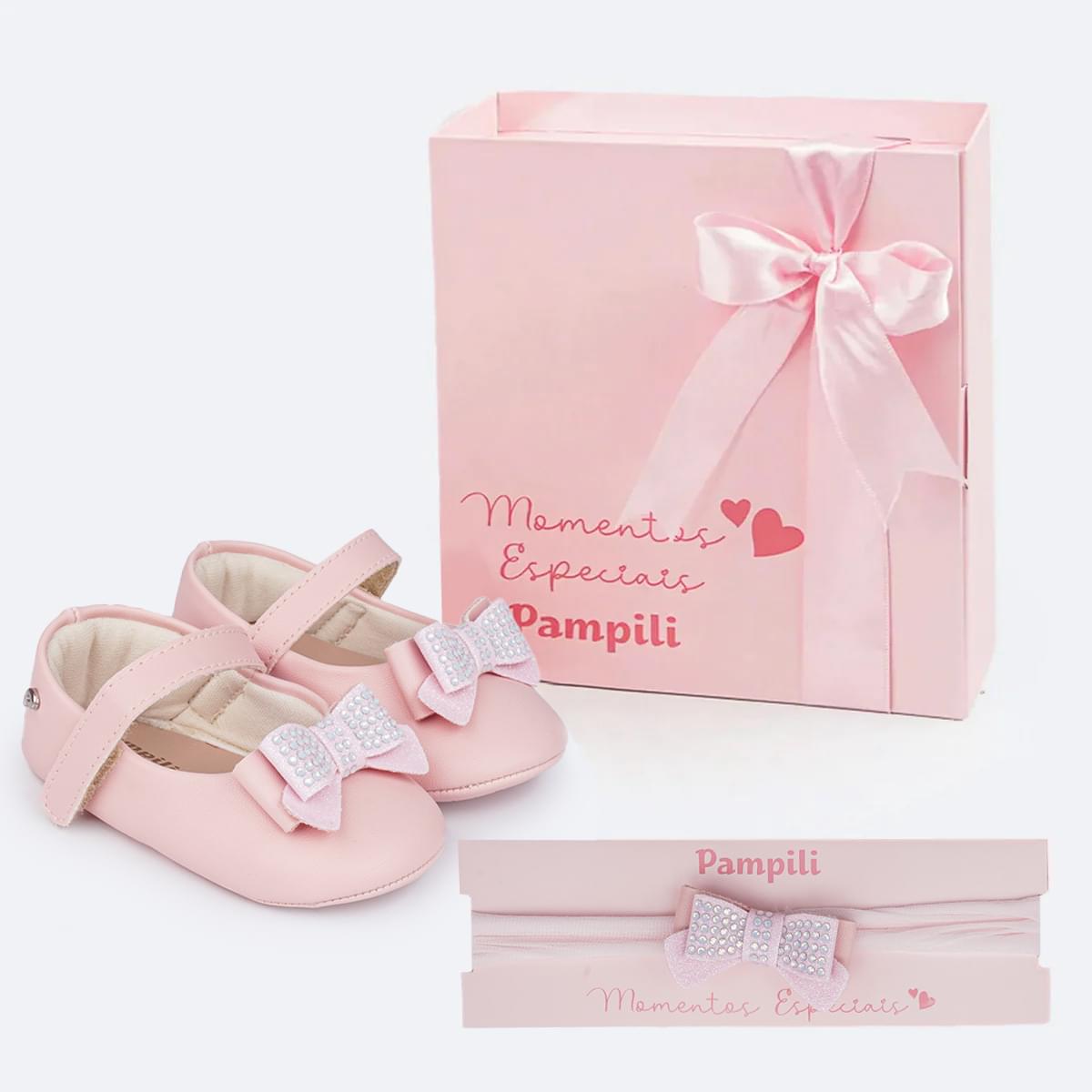 Sapato de Bebê Pampili Nina Momentos Especiais Laço Strass Rosa Glacê - sapatinho vem com faixa de cabelo