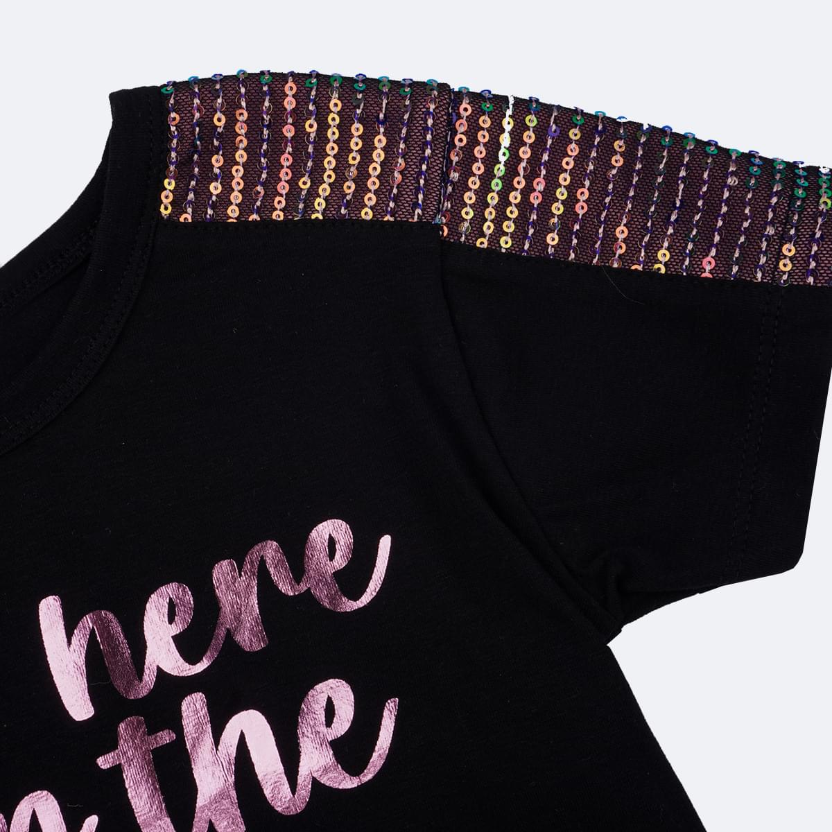 Camiseta Infantil Pampili Paetê Irisado Preta - paete na manga