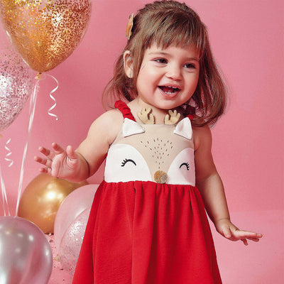 Vestido de Bebê Kukiê Rena de Natal Vermelho - Vem com Calcinha - frente do vestido na menina