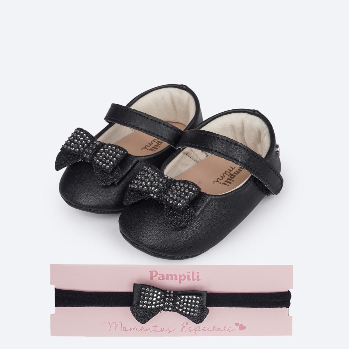 Sapato de Bebê Pampili Nina Laço em Glitter e Strass Preto - Vem com faixa de cabelo!