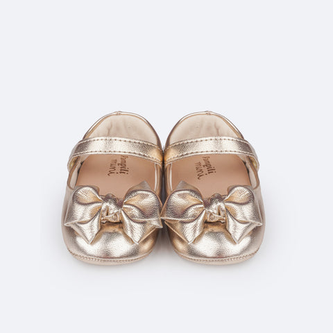 Sapato de Bebê Pampili Nina Laço em Nó Dourado - frente do sapato com laço e nó