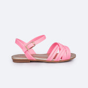 Sandália Infantil Pampili Aurora Tiras Cruzadas Rosa Neon - lateral da sandália com fivela easy