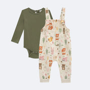 Conjunto Jardineira Bebê Kukiê Floresta e Body Off White e Verde - jardineira infantil feminina