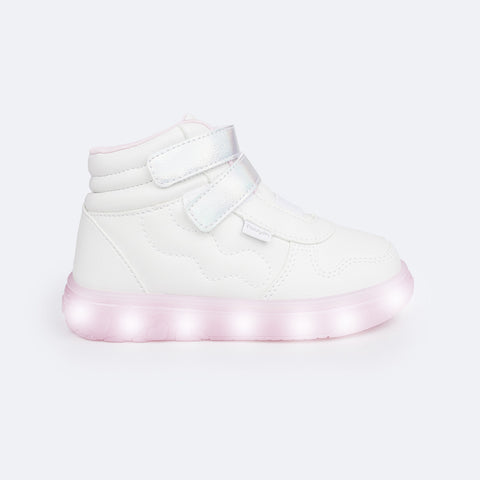 Tênis de Led Cano Médio Pampili Sneaker Luz Costura Ondulada Branco e Prata