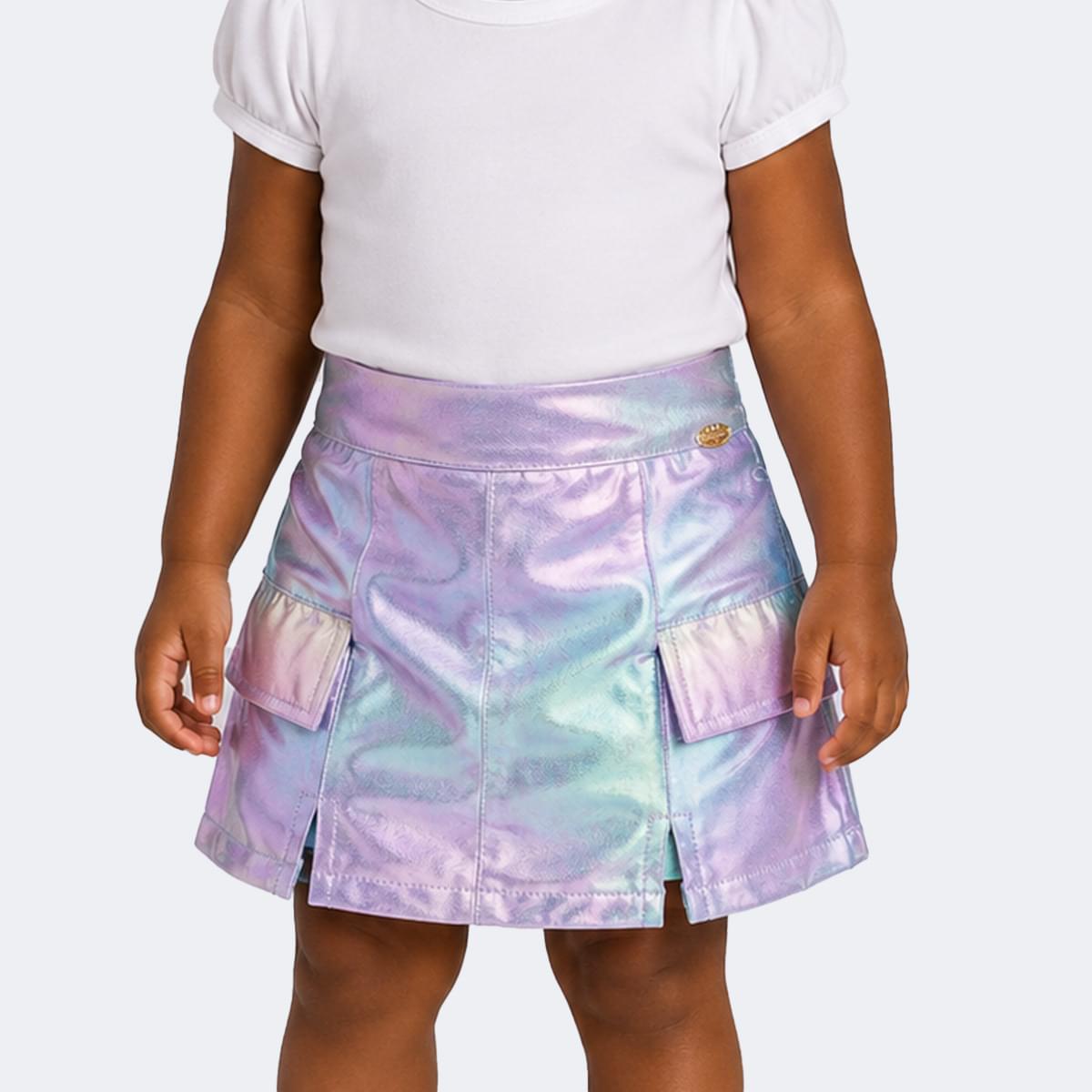 Short Saia Infantil Feminino Mini Prata Holográfico