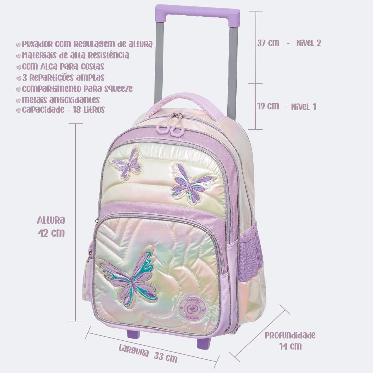 Mochila de Rodinha Infantil Escolar Pampili Borboletas Lilás
