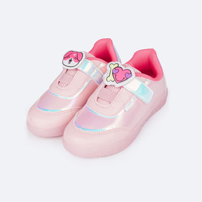 Tênis de Led Infantil Pampili Sneaker Luz Pets Rosê e Colorido - frente do tênis rosê 