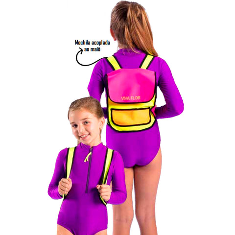 Maiô Infantil Viva Flor com Mochila Roxo Neon