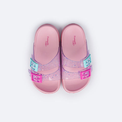 Chinelo Birken Infantil Pampili Fun Glee Glitter Rosa e Colorido - superior da birken