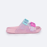 Chinelo Birken Infantil Pampili Fun Glee Glitter Rosa e Colorido - lateral da birken femina