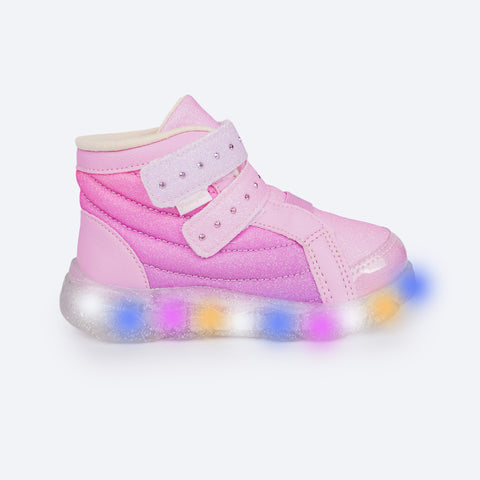 Tênis de Led Infantil Cano Médio Pampili Liz Luz Comfy Glitter Rosa Bale Novo - lateral tenis infantil com led