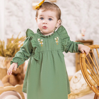 Vestido de Bebê Bambollina Manga Longa Bordado e Babado Verde - vestido de bebê com babados