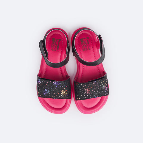Sandália de Led Infantil Pampili Lulli Glitter e Pontos Coloridos Preta - superior da sandália de led em sintético preto