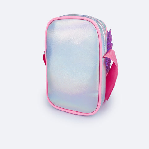 Bolsa Infantil Pampili Fly Led Prata e Rosa Neon Luz - traseira da bolsa holográfica