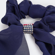 Acessório para Cabelo Scrunchie Lenço Organza Detalhe Strass Azul Marinho