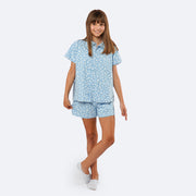Pijama Infantil Cara de Criança Camisa com Botão Flores Azul - pijama infantil