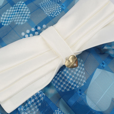 Vestido de Festa Infantil Bambollina Corações Azul e Branco - detalhe em metal no laço