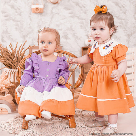 Vestido de Bebê Bambollina Manga Longa e Babado Lilás Colorido