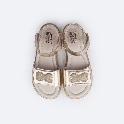 Sandália de Led Infantil Pampili Lulli Laço Glitter Dourada - superior da sandália com laço de glitter
