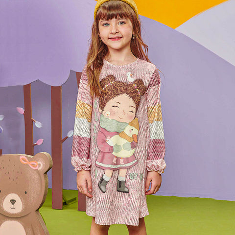 Vestido Infantil Kukiê Manga Longa Alecrim Rosa Mescla