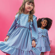 Vestido Infantil Kukiê Crepe Manga Longa e Babado Azul Tecido