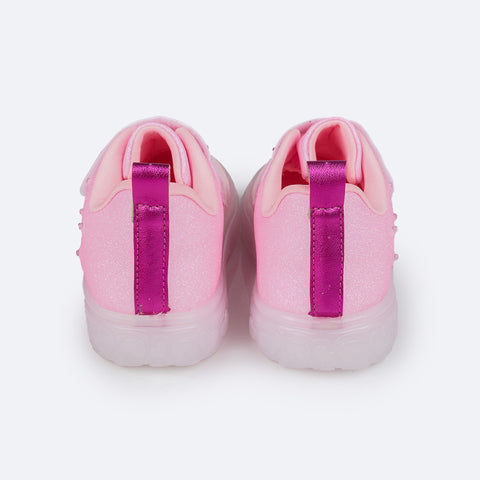 Tênis de Led Infantil Pampili Sneaker Luz Glitter e Strass Rosa Giz