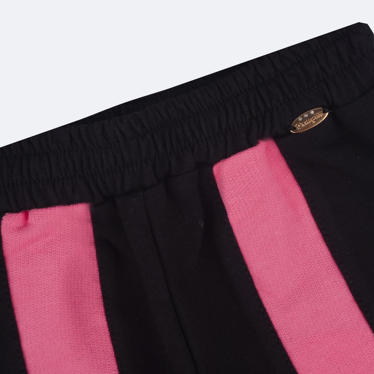 Calça Jogger Pampili Moletom Listra Preta e Rosa - detalhe em metal