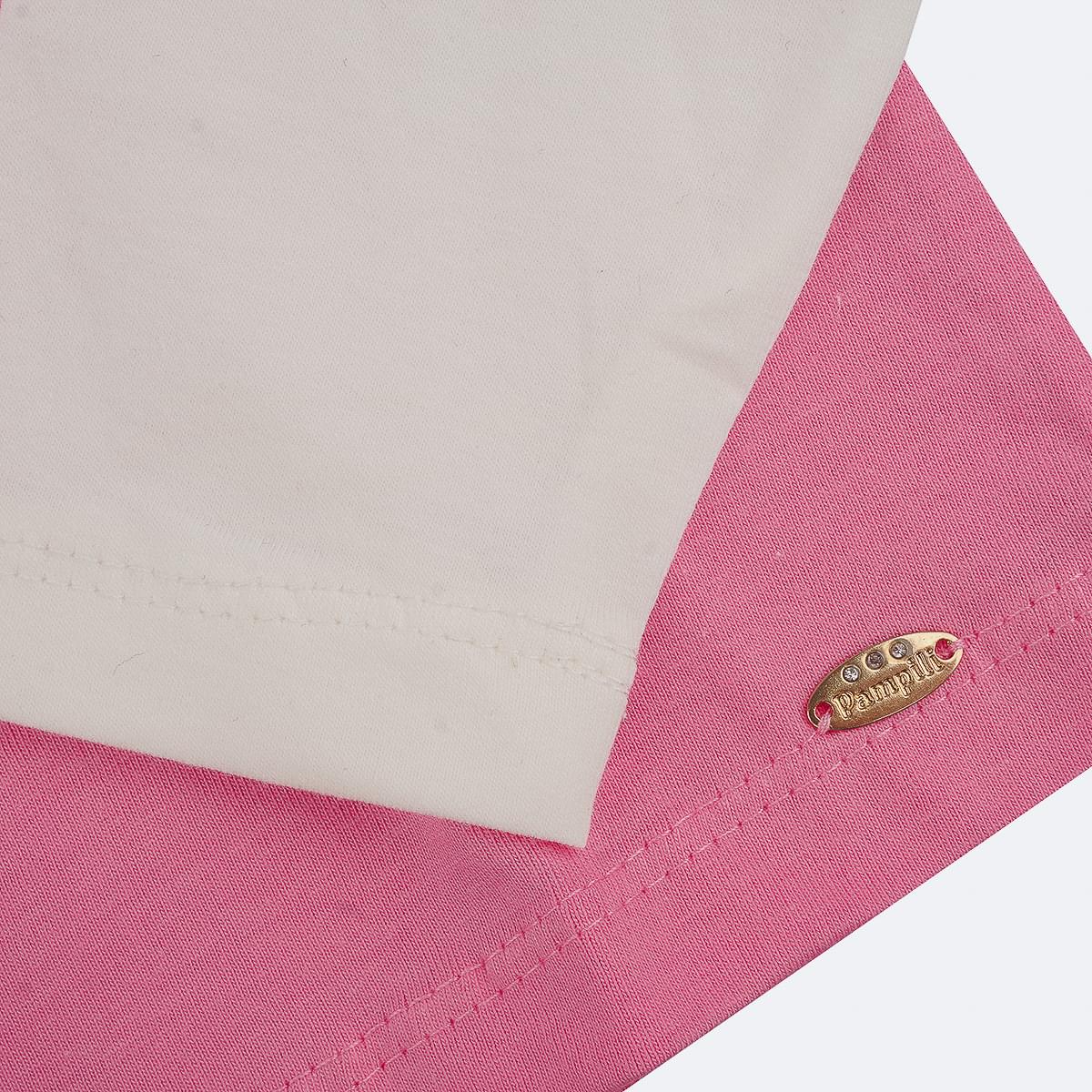 Camiseta Infantil Pampili Manga Longa Cute Girl Rosa e Branca - detalhe em metal da blusa