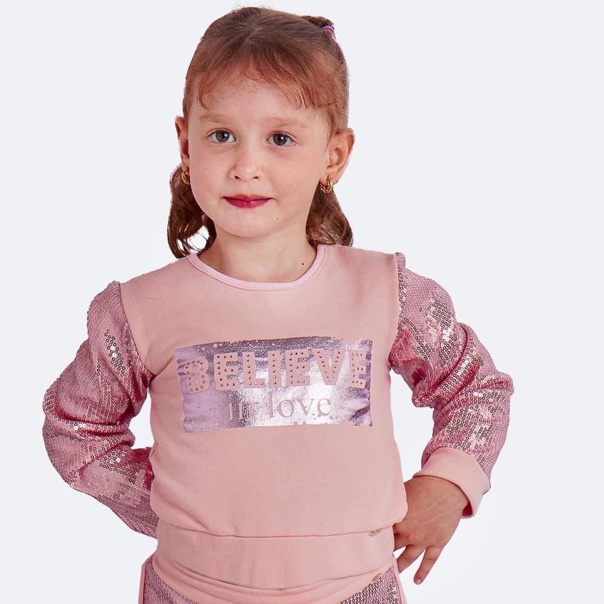 Blusa Infantil Pampili Moletom Paetê Bellieve Rosa Novo - blusa com mangas de paetê