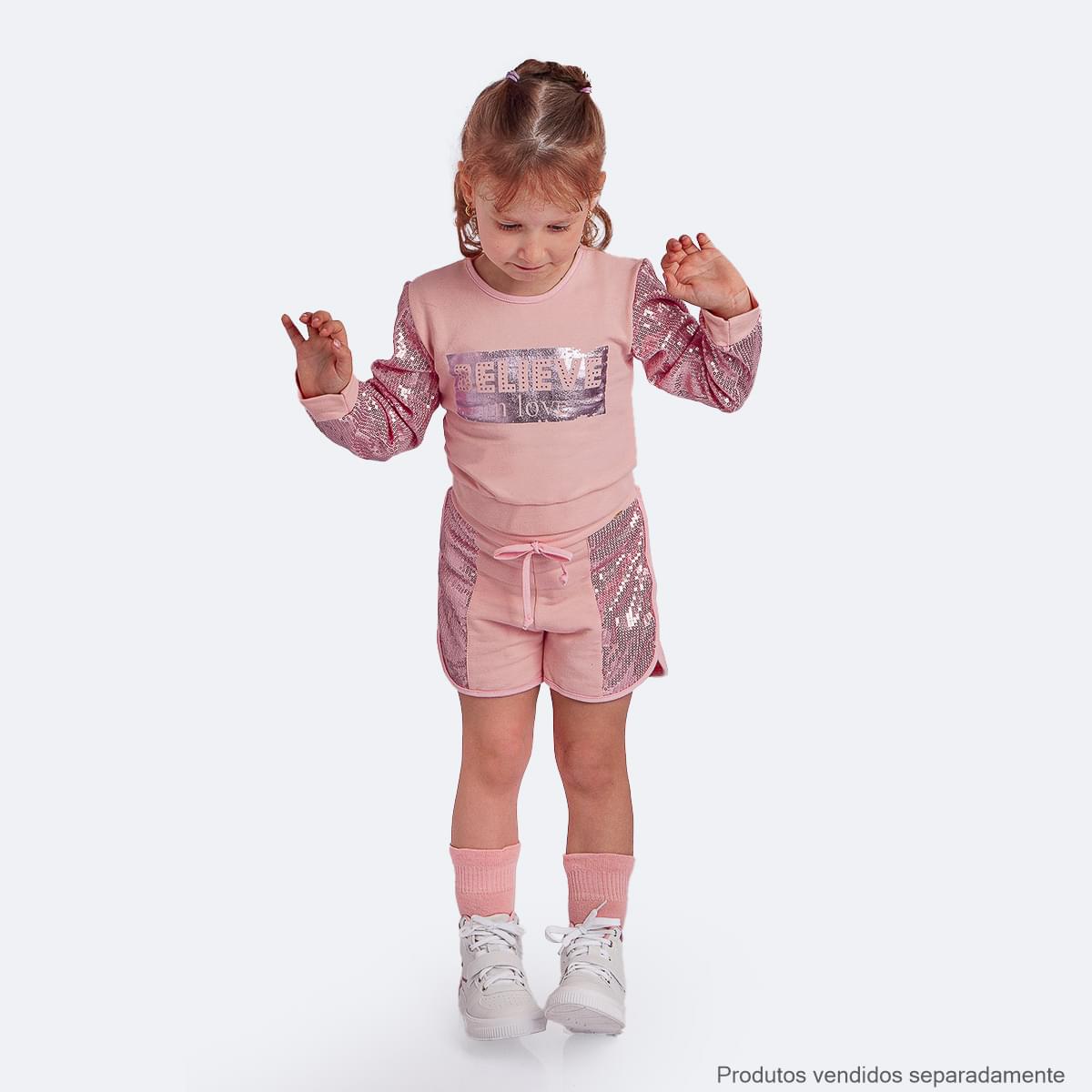Blusa Infantil Pampili Moletom Paetê Bellieve Rosa Novo - conjunto combinando de paetê