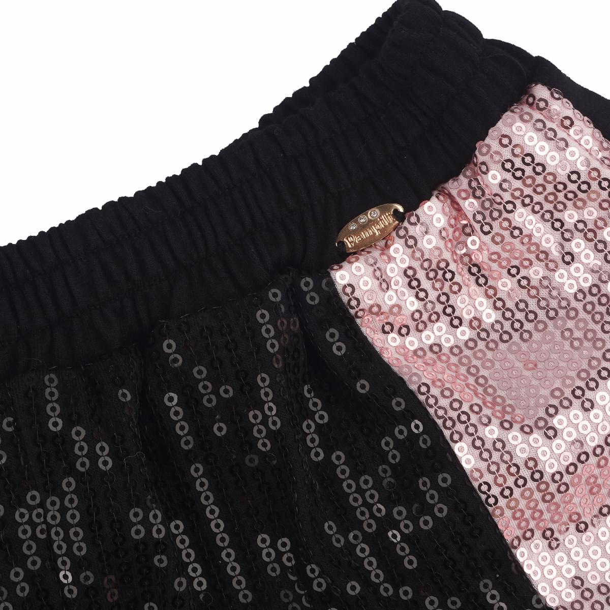 Calça Jogger Pampili Moletom Paetê Preta e Rosa - detalhe em metal