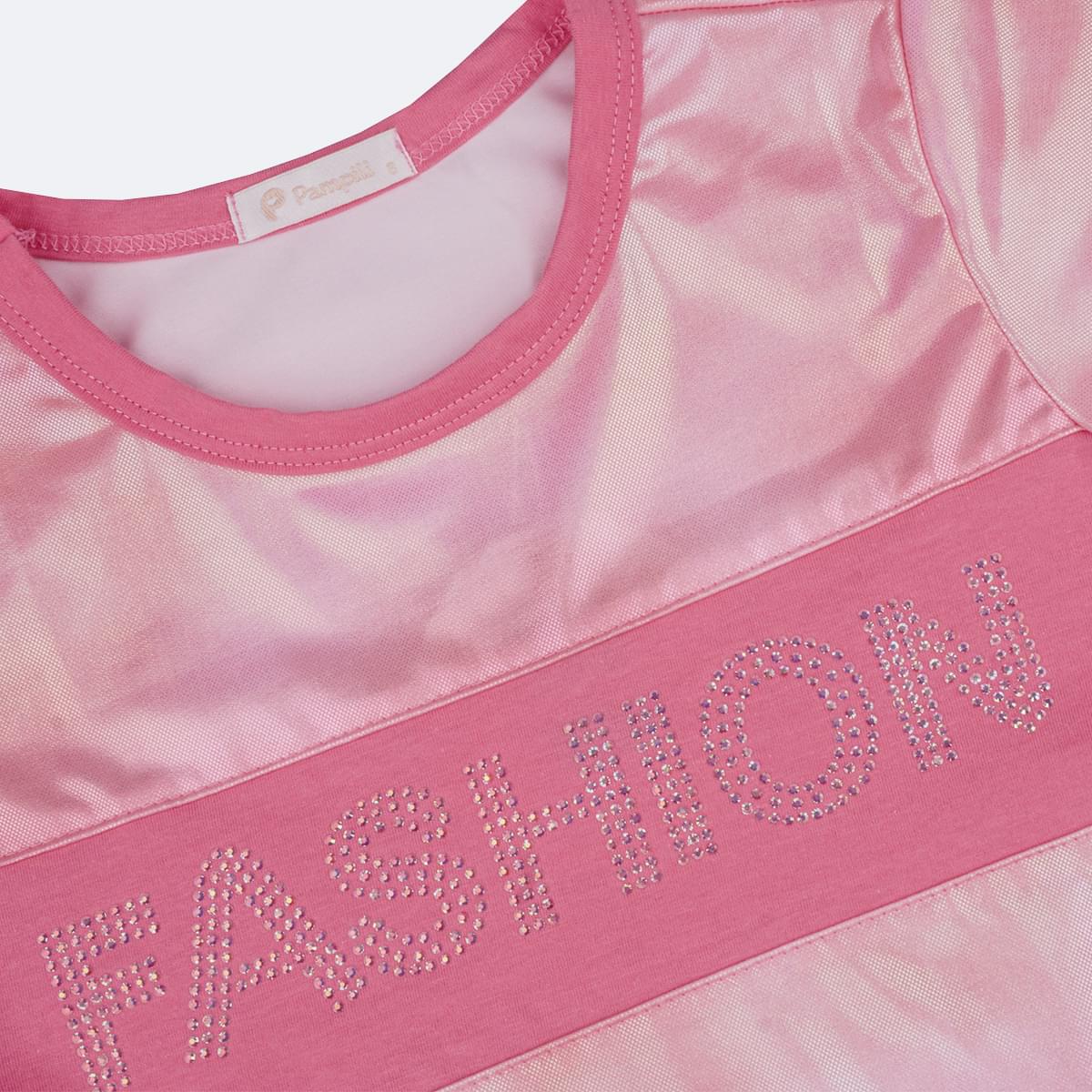 Camiseta Infantil Pampili Fashion Strass Rosê Holográfica