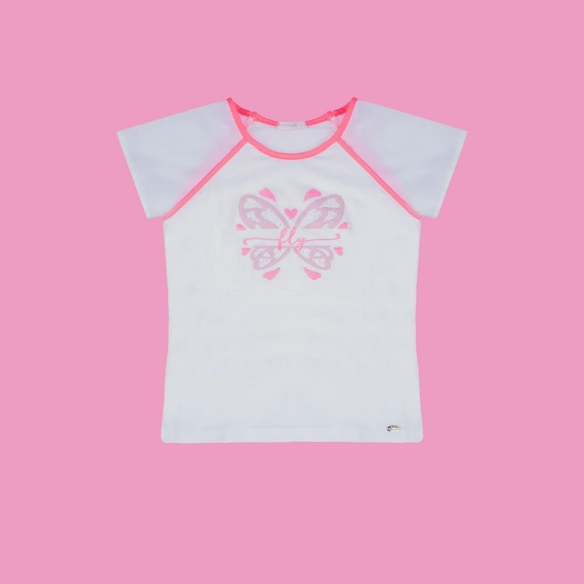 Camiseta Infantil Pampili Fly Branca Pink Neon