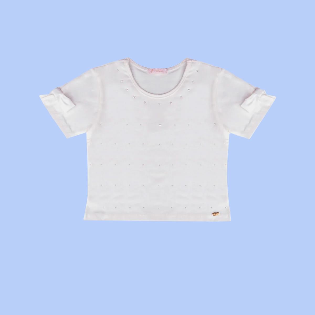 Camiseta Infantil Feminina Strass Laço Off White