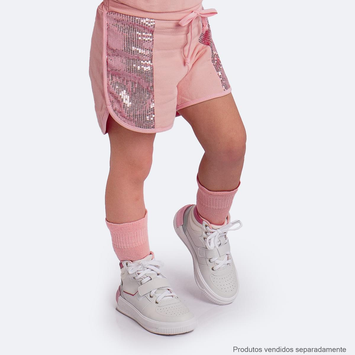 Short Infantil Pampili Moletom Lateral Paetê Rosa - short infantil com paetê, na menina