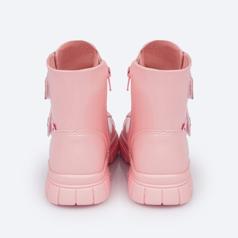 Bota Coturno Feminina Pampili Lucky Strass Verniz Rosa Glace - parte de trás da bota infantil feminina