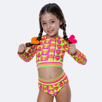 Biquíni Infantil Top Cropped Viva Flor Manga Longa Corações Laranja e Amarelo - biquini manga longa feminino