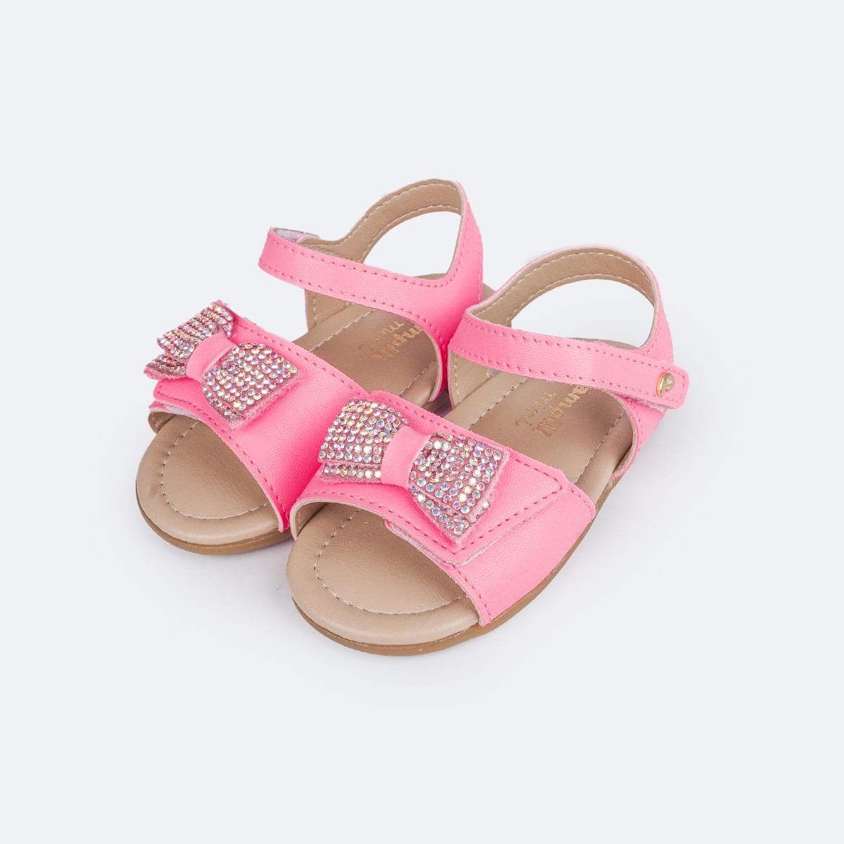 Sandália de Bebê Pampili Nana Laço Duplo Strass Rosa Neon
