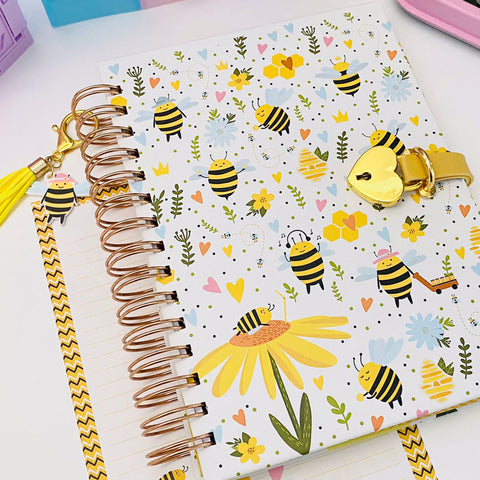 Diário Buendía Floresta Busy Bees Branco e Amarelo - frente do diário com cadeadorio