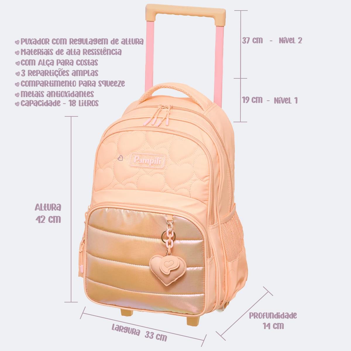 Mochila de Rodinha Infantil Escolar Pampili Coração Salmão