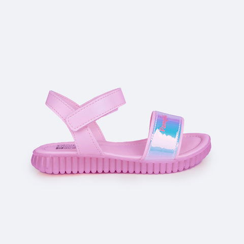 Sandália Papete Infantil Pampili Candy Holográfica Rosa - Vem com Porta Celular - lateral da sandália calce fácil em velcro