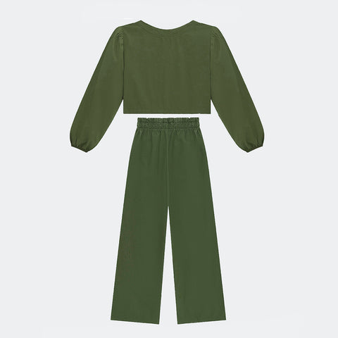 Conjunto Infantil Vic&Vicky Blusa Top Cropped e Wide Leg Verde Militar - calça wide leg e cropped