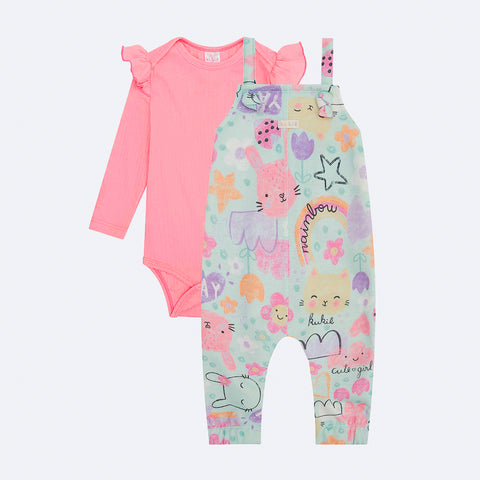 Conjunto Jardineira Bebê Kukiê Moletom e Body Rosa Neon - jardineira para bebe