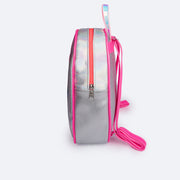 Bolsa Mochila Infantil Pampili Paetê Mágico Prata e Pink - lateral da bolsa com zíper